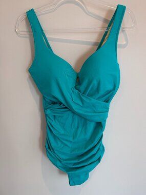 • Miraclesuit Turquoise Green Wrap Front One Piece Swimsuit Size 14 EUC